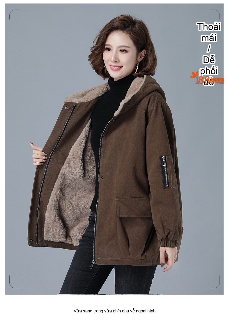 Áo Khoác Nữ Cotton Lót Lông Cừu Non Dày Dặn Có Mũ Trùm Đầu Màu Đỏ, Nâu, Đen chi tiết 1