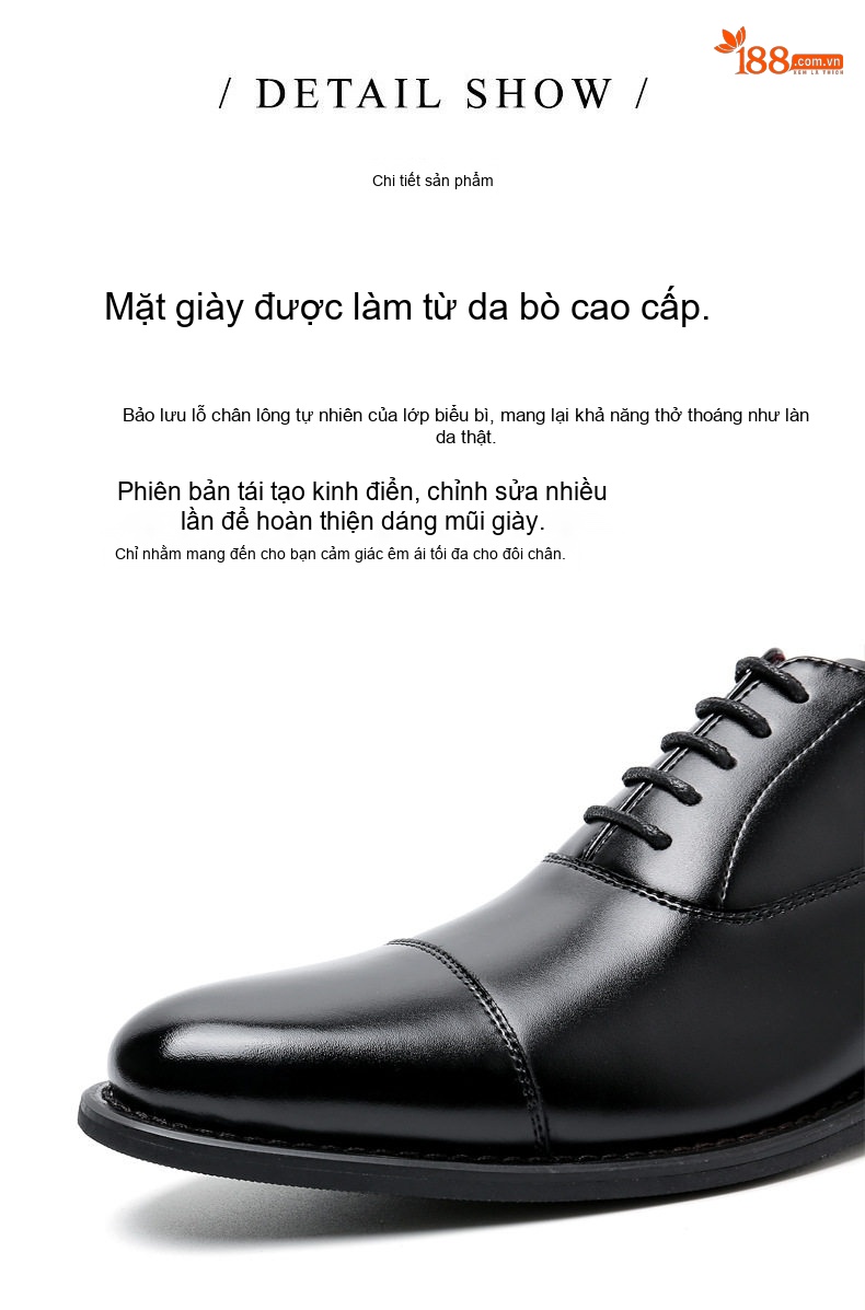 Giày Tây Buộc Dây Nam Da Bóng Size Lớn Chiều Cao Đế Khoảng 3cm Màu Đen, Nâu chi tiết 5