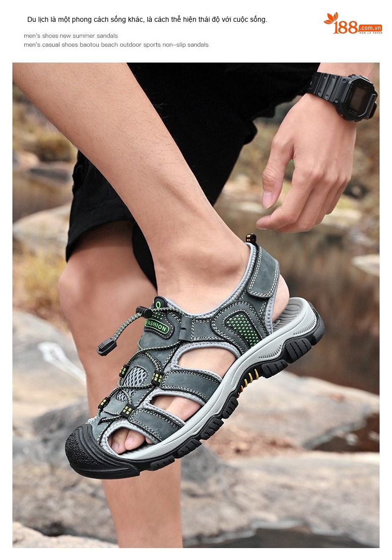 Sandal Nam Da Bò Mũi Bọc Dây Rút Thể Thao Thoáng Khí Đế Cao 3cm chi tiết 18