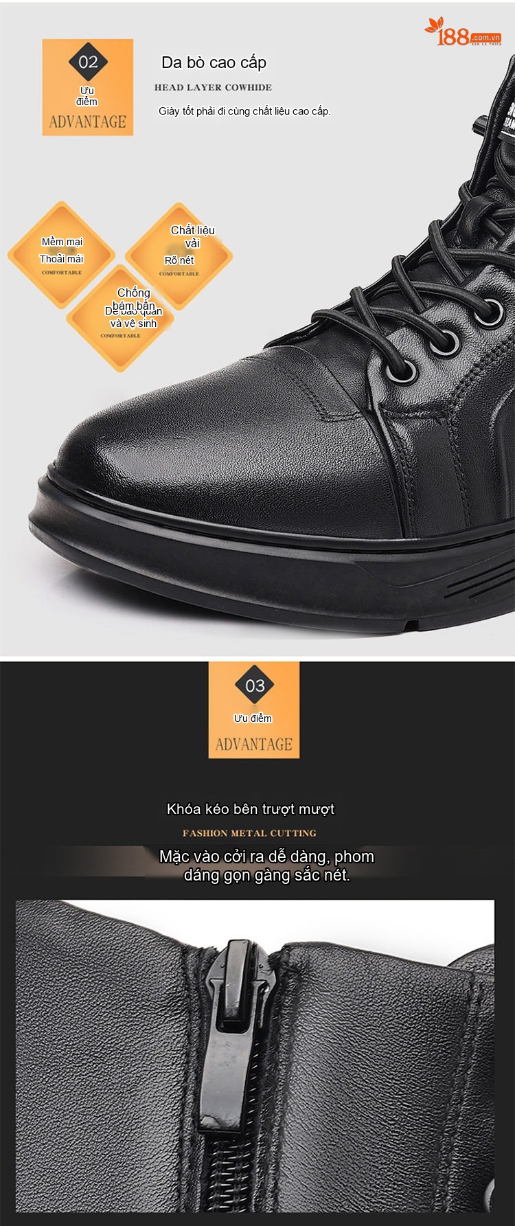 Giày Boot Nam Cao Cổ Da Thật Lót Lông Chiều Cao Đế Khoảng 3cm Màu Đen chi tiết 6