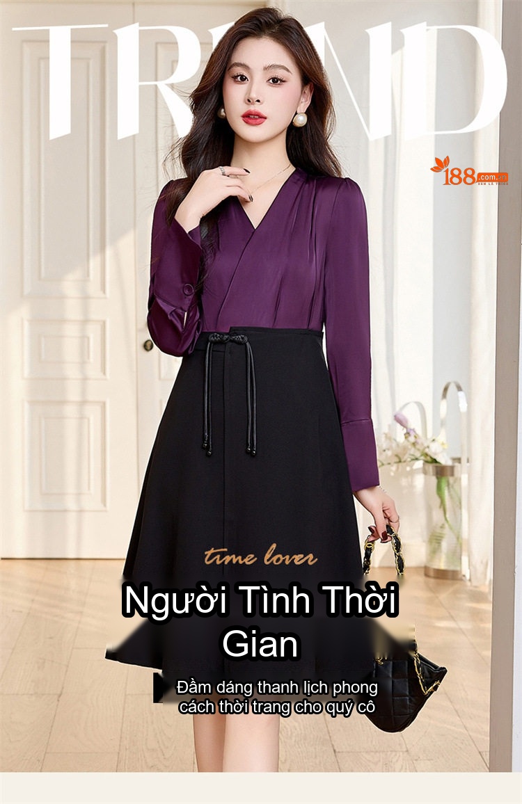 Váy liền thân Nữ Cổ chữ V Trung Dài Tay Thiết Kế Thắt Eo Tôn Dáng Thoáng Khí Màu Đen, Đỏ, Tím, Be chi tiết 1