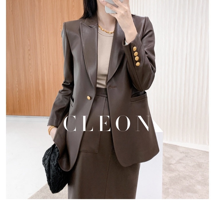 Áo Khoác Blazer Nữ Da Cừu Dáng Dài Trung Niên Phong Cách Hàn Quốc Màu Đen, Nâu chi tiết 2