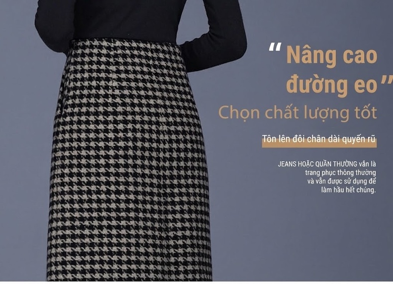 Chân Váy Bút Chì Nữ Lưng Cao Dáng Suông Họa Tiết Caro Phong Cách Hàn Quốc Màu Đen, Kem chi tiết 9