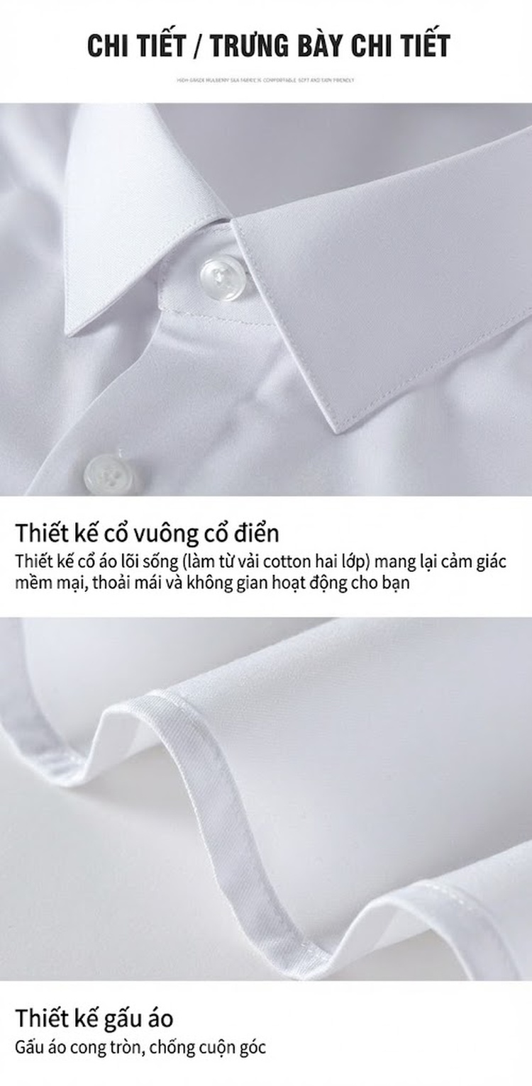 Áo Sơ Mi Dài Tay Nam Lụa Tằm Tơ Màu Trơn Ôm Dáng Công Sở chi tiết 7