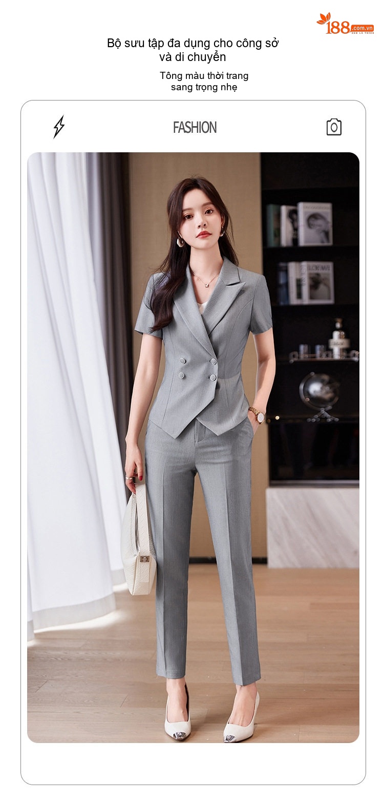 Bộ Vest Công Sở Nữ Tay Ngắn Quần Dài Màu Đen, Xám chi tiết 3