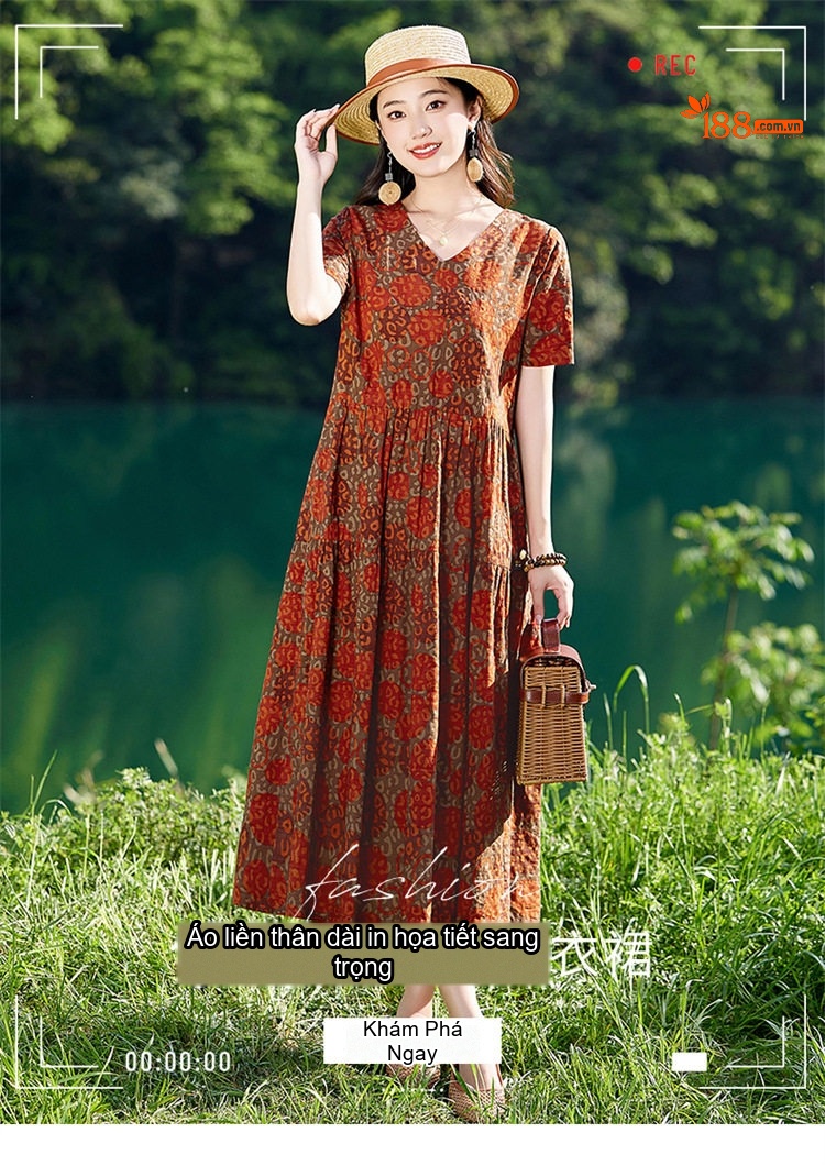 Váy liền thân Nữ Cổ chữ V In Họa Tiết Thiết Kế Thanh Lịch Thoáng Mát Màu Đỏ, Xanh Lá chi tiết 1