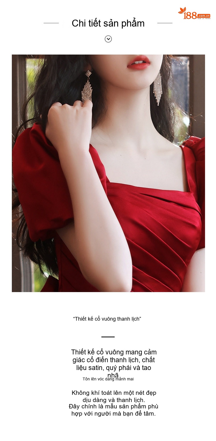 Váy Dạ Hội Nữ Tay Bồng Cổ chữ Vuông Dáng Dài Phù Hợp Đám Hỏi, Ăn Tiệc Màu Đỏ chi tiết 6