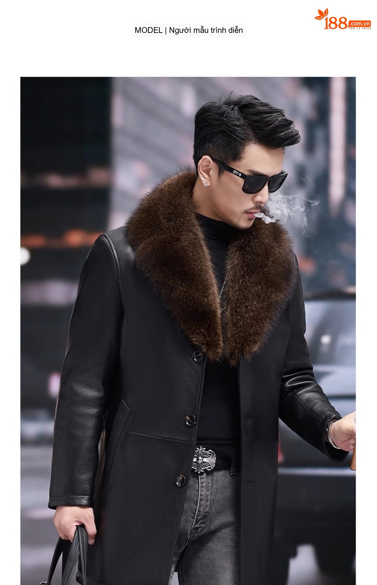 Áo Khoác Da Dê Nam Dáng Dài Lót Lông Chồn Cổ Lông Mỹ Raccoon Màu Đen chi tiết 11