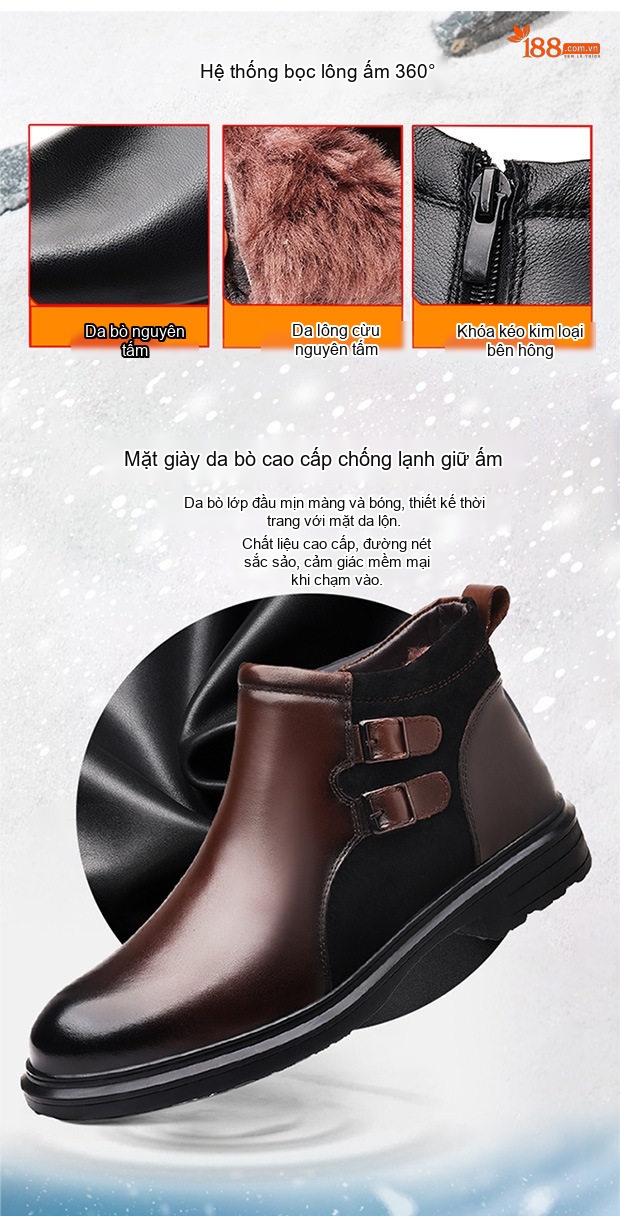 Giày Chelsea Nam Da Thật Lót Lông Cừu Mũi Nhọn Chiều Cao Đế Khoảng 3cm Màu Đen, Nâu chi tiết 4