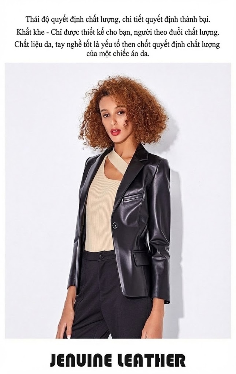 Áo Khoác Blazer Nữ Da Cừu Thật Dáng Motor Tiểu Tây Trang Màu Đen chi tiết 3