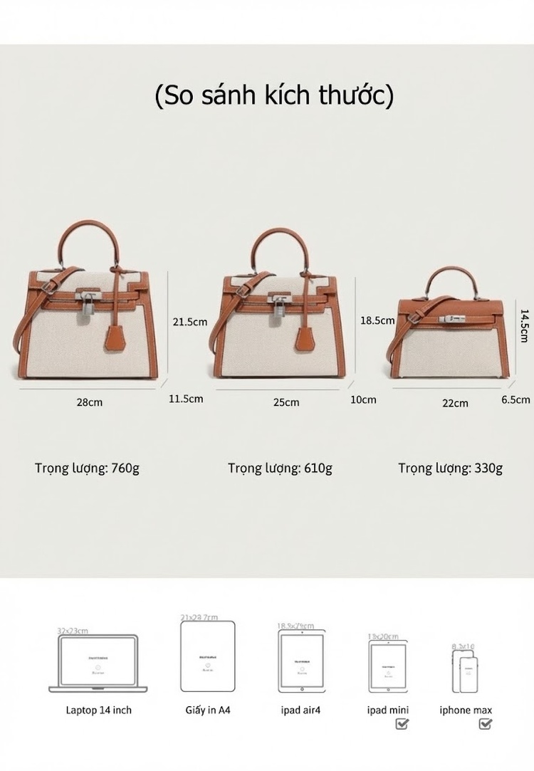 Túi Kelly Nữ Vải Canvas Mềm Mại Lớn Đeo Vai, Xách Tay, Đeo Chéo Màu Trắng, Nâu chi tiết 4
