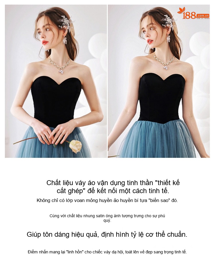 Váy Dạ Hội Nữ Hở Vai Dáng Xòe Chất Liệu Pông Pông Màu Xanh, Đen chi tiết 8