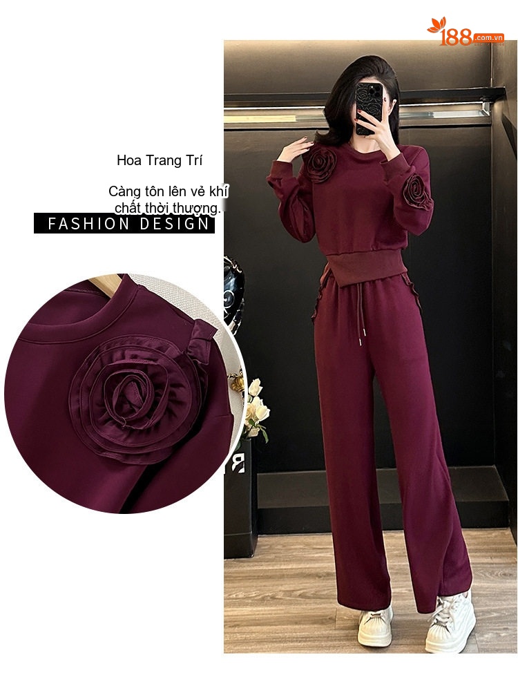 Set bộ quần áo thể thao nữ tay dài dáng rộng thiết kế hoa hồng chi tiết 2