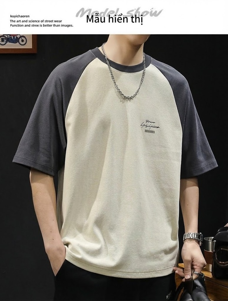Áo Thun Tay Raglan Nam Cotton Form Rộng Màu Xám, Kem chi tiết 8