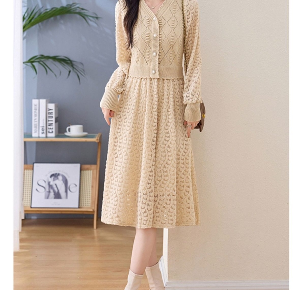 Váy Dệt Kim Nữ Tay Dài Dáng Xòe Họa Tiết Lỗ Màu Be, Hồng, Đen chi tiết 17
