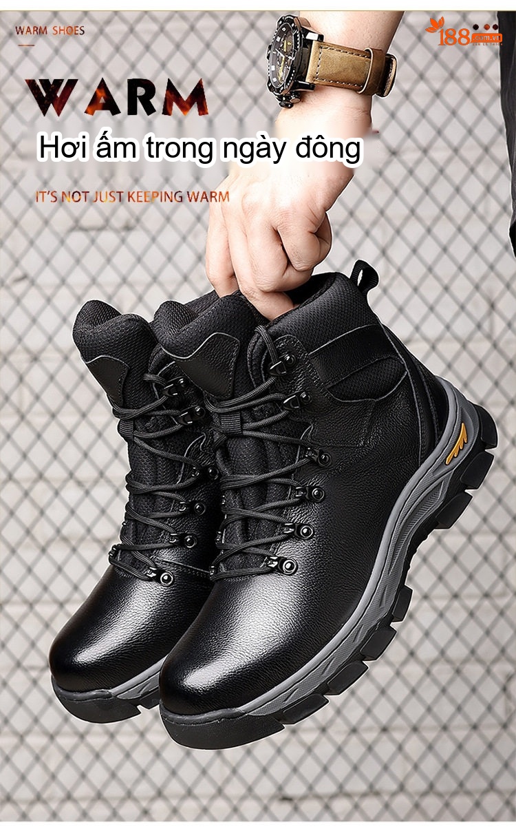 Giày Boot Nam Cao Cổ Da Thật Lót Lông Giữ Ấm Chiều Cao Đế Khoảng 4cm Màu Đen chi tiết 2