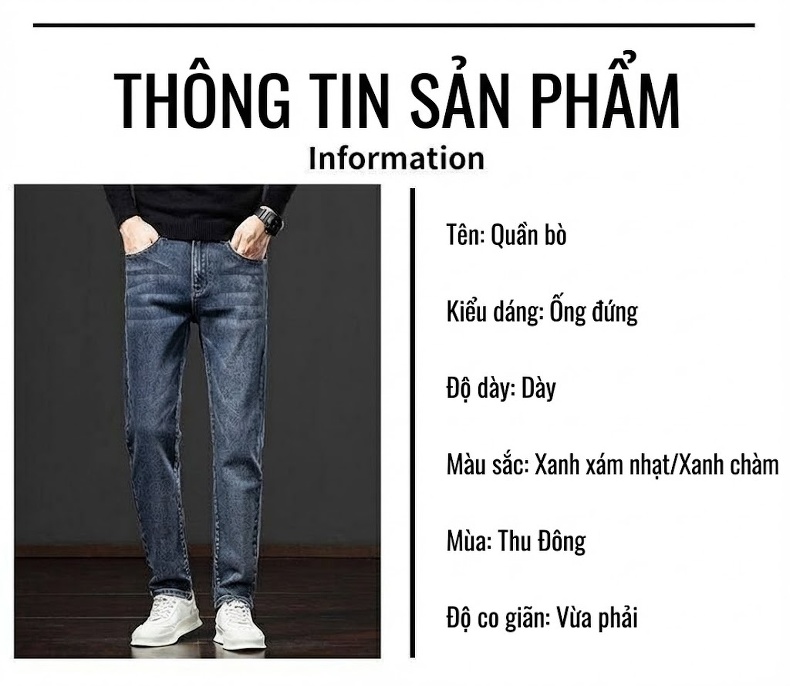 Quần Jean Nam Ống Đứng Lót Lông Dày Dặn Co Giãn Tốt Màu Xanh Dương chi tiết 11