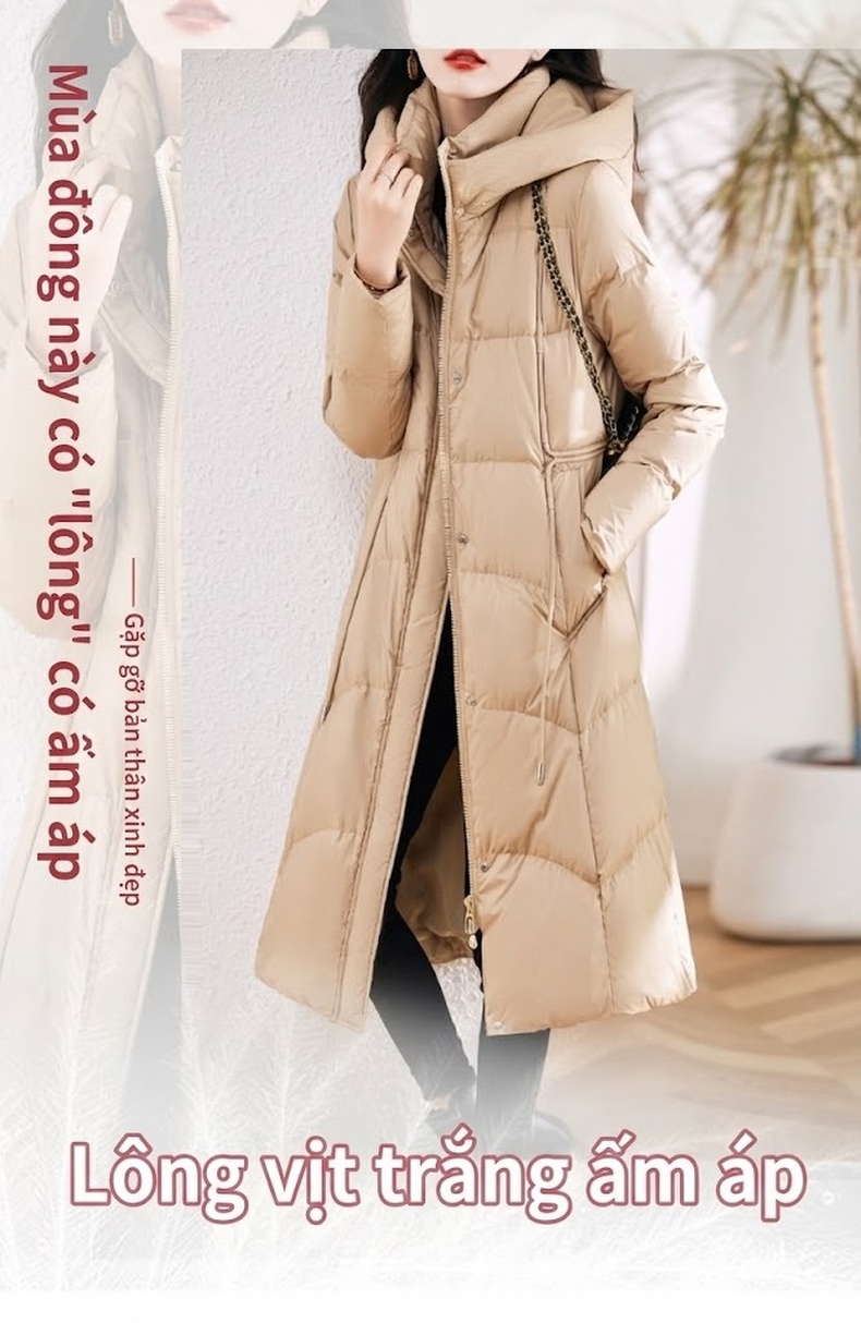 Áo Khoác Phao Nữ Dáng Dài Có Mũ Lông Vũ Trắng Dày Dặn Màu Be, Đen chi tiết 1