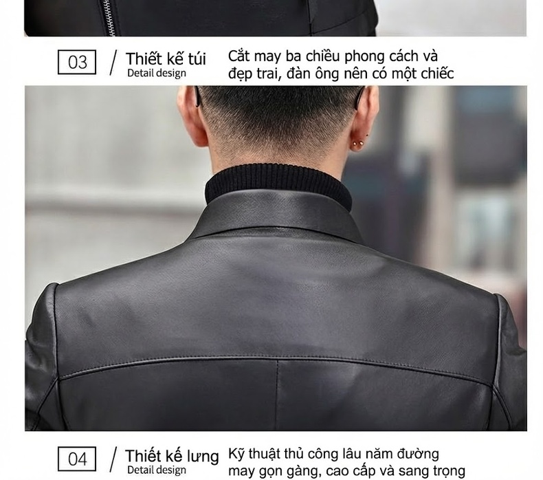 Áo Khoác Da Cừu Nam Dáng Ngắn Cổ Bẻ Slim Fit Phong Cách Doanh Nhân Màu Đen chi tiết 12