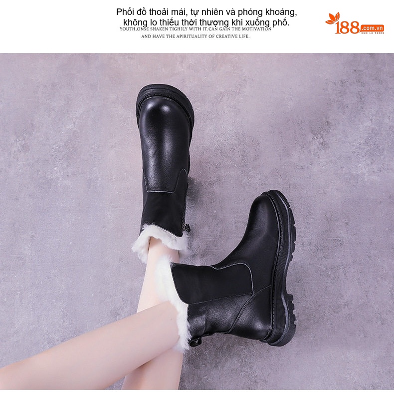 Boot Nữ Da Bóng Lót Lông Cừu Giữ Ấm Mùa Đông Chiều Cao Đế Khoảng 4cm Màu Đen chi tiết 15