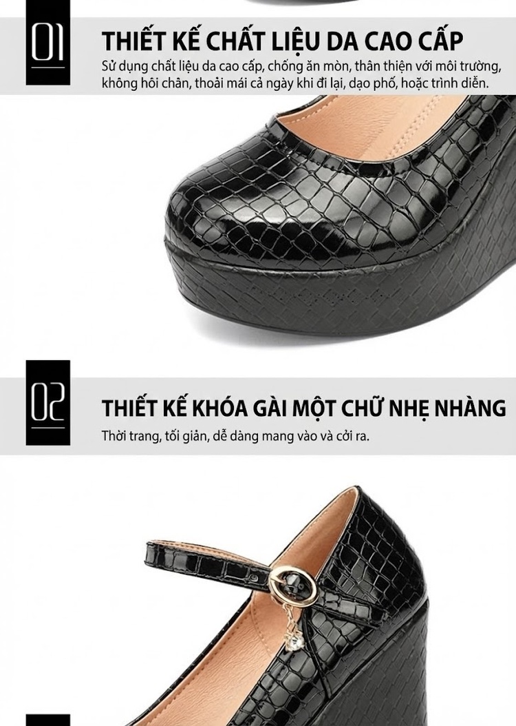 Giày Cao Gót Đế Xuồng Quai Ngang Da Bóng Chiều Cao Đế Khoảng 8cm Màu Đen, Trắng chi tiết 6