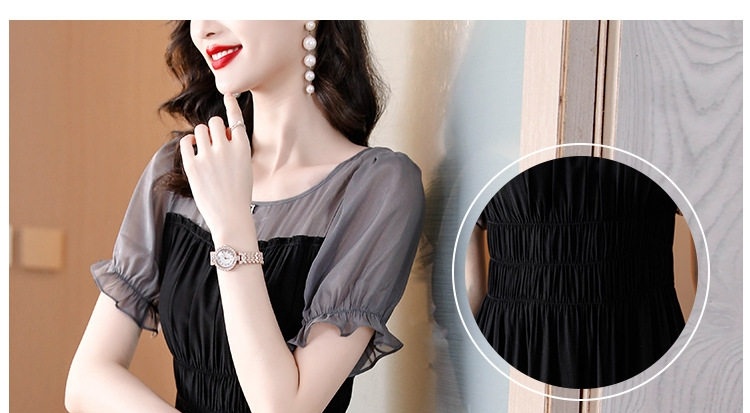 Váy Lụa Tằm Tơ A Line Tay Ngắn Thiết Kế Thắt Eo Thanh Lịch Màu Đen chi tiết 4