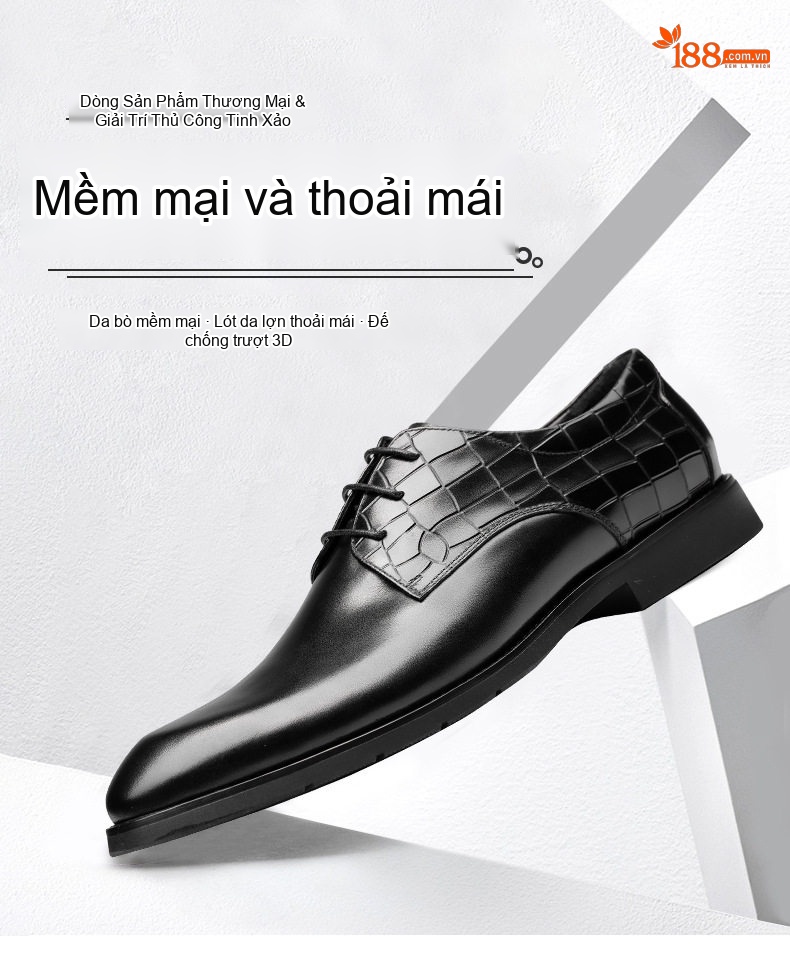 Giày Tây Buộc Dây Nam Da Bò Thoáng Khí Chiều Cao Đế Khoảng 3cm Màu Đen, Nâu chi tiết 1