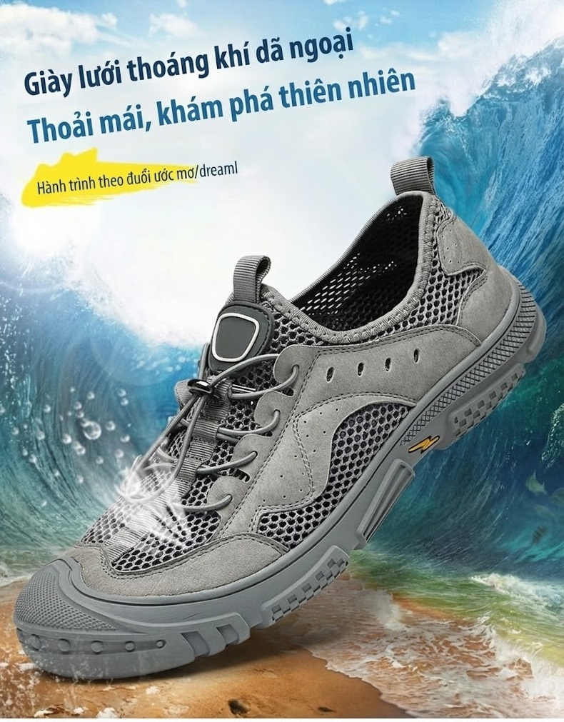 Sandal Nam Dây Rút Thể Thao Outdoor Thoáng Khí, Chống Nước, Nhanh Khô, Chống Mài Mòn, Chiều Cao Đế Khoảng 3cm Màu Be, Xám chi tiết 1