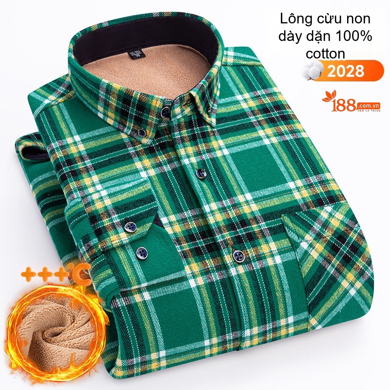 Áo Sơ Mi Nam Ca Rô Lông Cừu Non Cotton Dày Dặn Giữ Ấm Màu Đen, Đỏ, Xanh Dương, Xanh Lá...