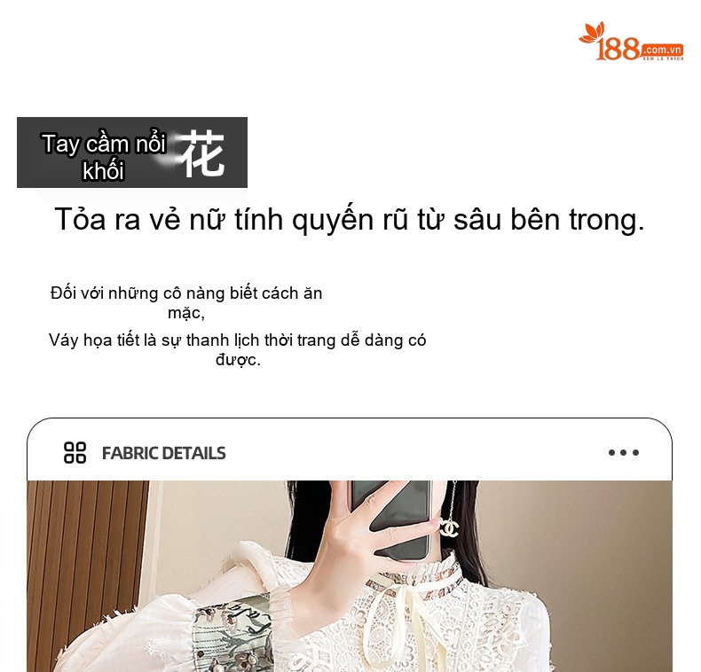 Váy Đầm Nữ Tay Dài Cổ Tàu Họa Tiết Thêu Hoa phối Ren Phong Cách Pháp chi tiết 3