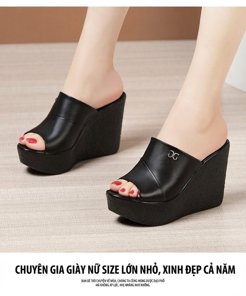 Dép Xuồng Nữ Hở Mũi Da Bóng Chiều Cao Đế 11cm Màu Đen, Đỏ, Trắng, Vàng... chi tiết 12