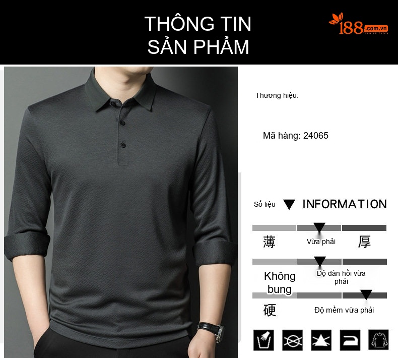Áo Polo Nam Tay Dài Dệt Kim Cashmere Chống Nhăn Màu Đen, Đỏ Rượu Vang, Xám chi tiết 5