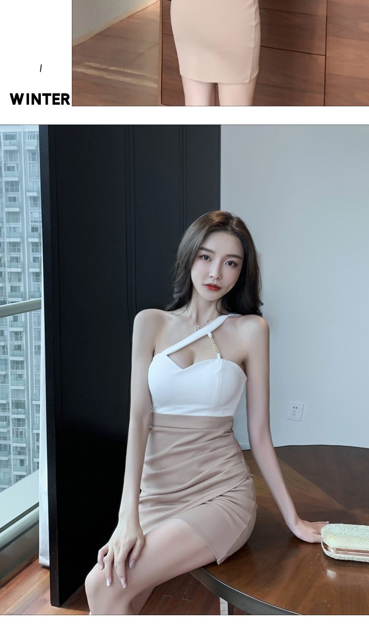 Váy Ôm Body Hở Vai Thiết Kế Bất Đối Xứng Xẻ Tà Gợi Cảm Màu Trắng, Nâu, Đen chi tiết 9