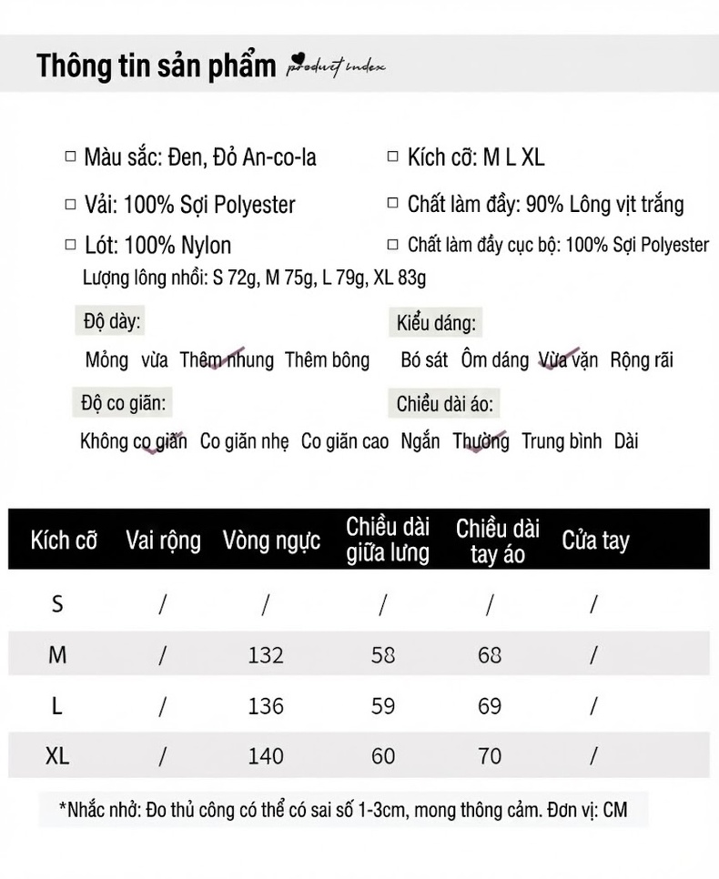Áo Khoác Phao Nữ Ngắn Tay Dáng Nhỏ Gọn Trẻ Trung Ấm Áp Màu Đỏ Rượu Vang, Đen chi tiết 8