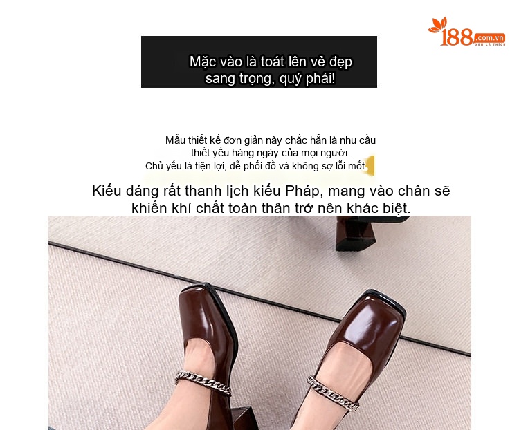 Giày Mary Jane Nữ Da Bóng Quai Chữ T Trang Trí Xích Chiều Cao Đế Khoảng 3.5cm Màu Đen, Nâu chi tiết 2
