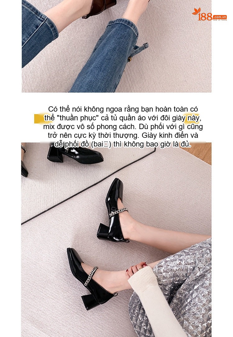 Giày Mary Jane Nữ Da Bóng Quai Chữ T Trang Trí Xích Chiều Cao Đế Khoảng 3.5cm Màu Đen, Nâu chi tiết 3