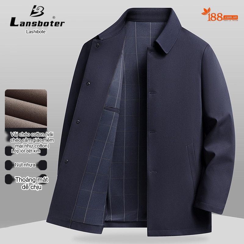 Áo Khoác Nam Vải Chéo Cotton Dáng Dài Vừa Khuy Cài Màu Nâu, Xanh Navy