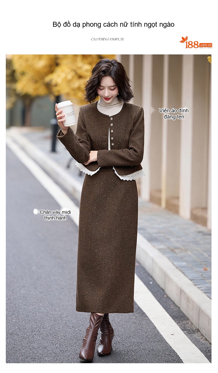 Set Áo Khoác Lửng và Chân Váy Nữ Vải Tweed Phong Cách Tiểu Thư Màu Nâu, Xám chi tiết 4