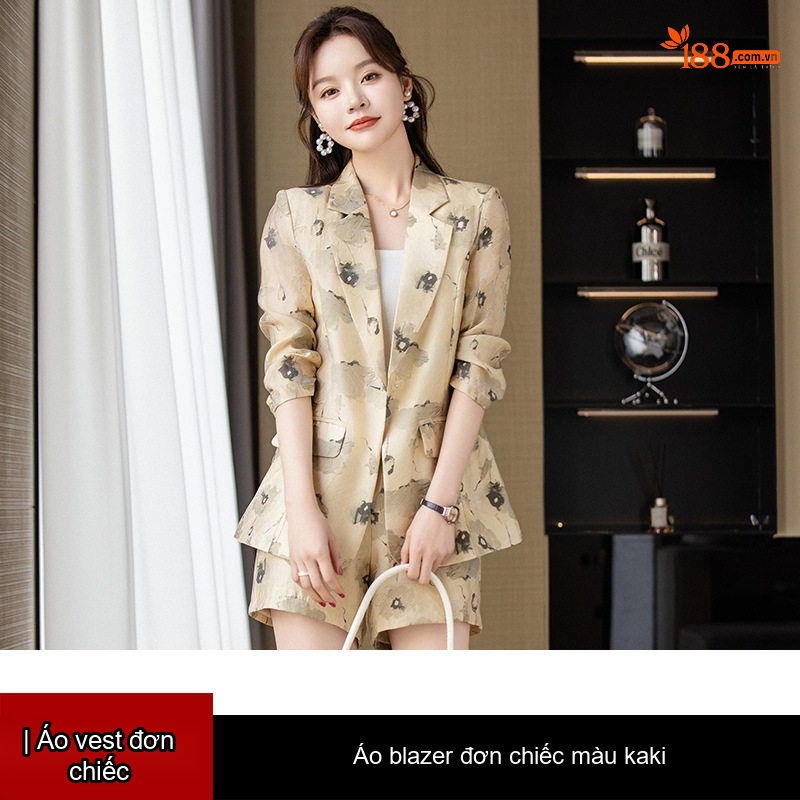 Bộ Vest Blazer Nữ Tay Lỡ In Họa Tiết Thiết Kế Kèm Quần Short Màu Be, Xanh