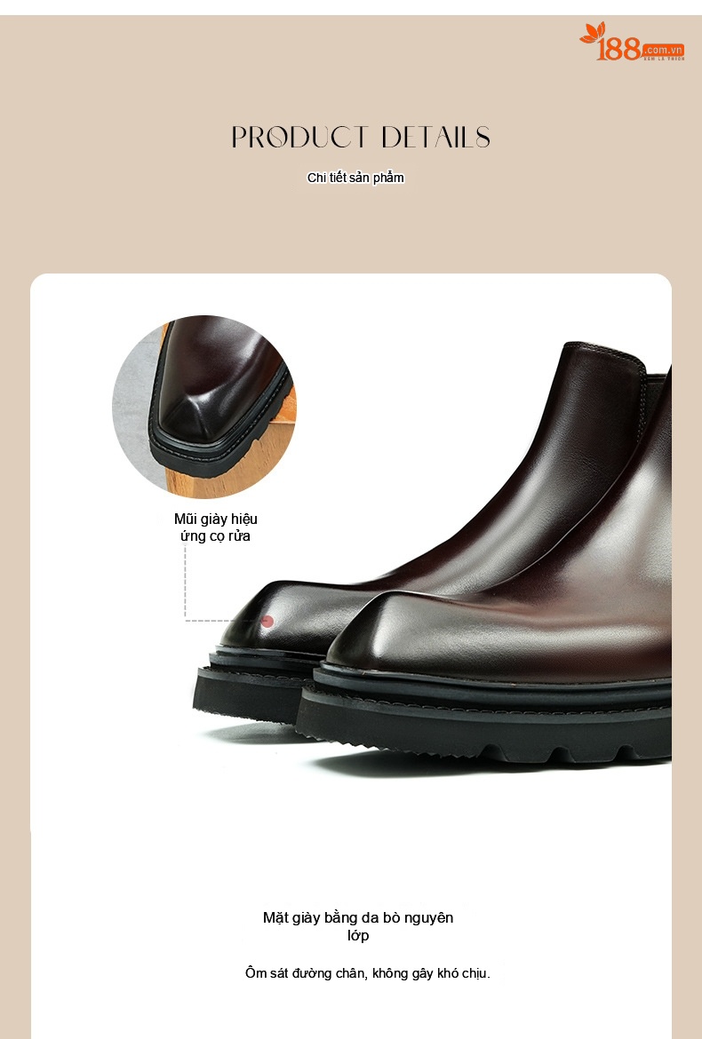 Boot Chelsea Nam Da Bò Cao Cổ Thủ Công Chiều Cao Đế Khoảng 5cm Màu Đen, Nâu Đỏ chi tiết 8