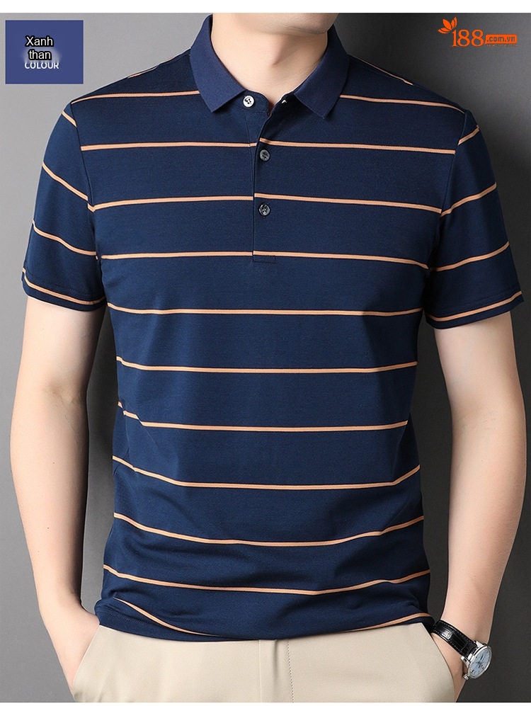 Áo Thun Polo Nam Cotton Kẻ Sọc Cổ Bẻ Chống Nhăn Màu Xám, Xanh, Navy chi tiết 16