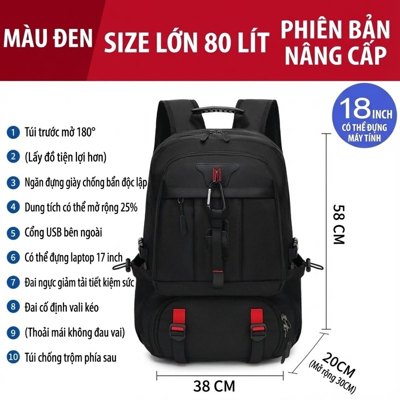 Balo Du Lịch Nam Thể Thao Ngoài Trời Đa Năng Chống Thấm Nước Sức Chứa Lớn Màu Đen chi tiết 6