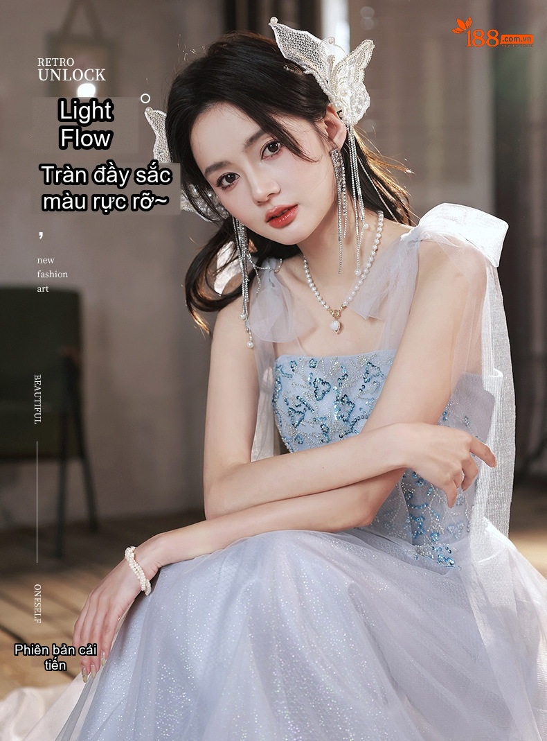 Váy Dạ Hội Nữ Dáng Công Chúa Thiết Kế Pháp Màu Xanh Dương chi tiết 1