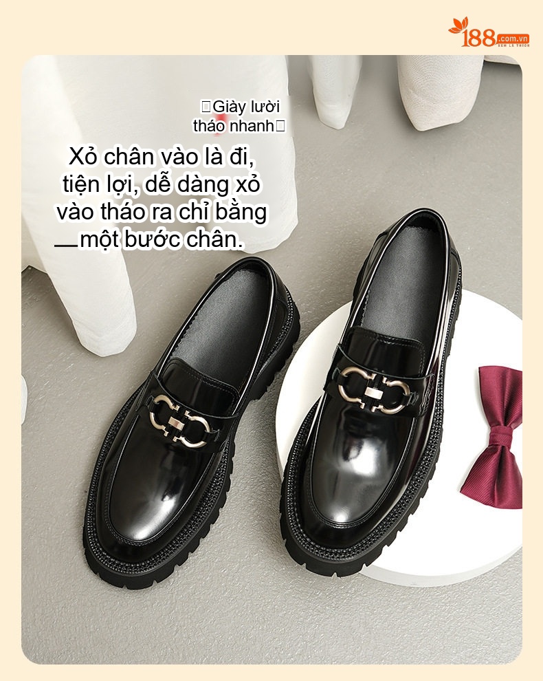 Giày Lười Nam Da Bóng Chiều Cao Đế Khoảng 4cm Màu Đen, Nâu Đỏ chi tiết 3