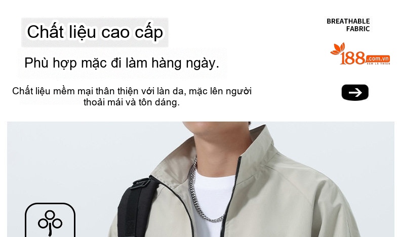 Áo Khoác Bomber Nam Cổ Trụ Phong Cách Công Sở Màu Đen, Kem, Xanh Rêu chi tiết 3
