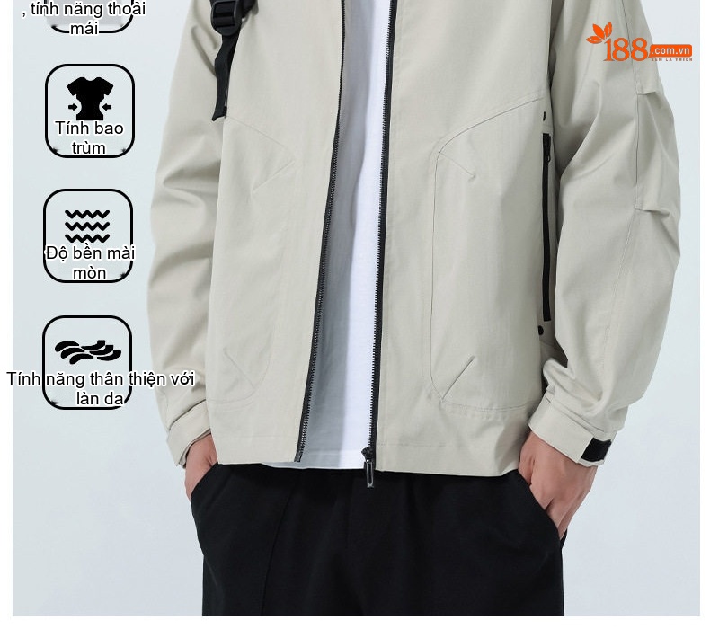 Áo Khoác Bomber Nam Cổ Trụ Phong Cách Công Sở Màu Đen, Kem, Xanh Rêu chi tiết 4