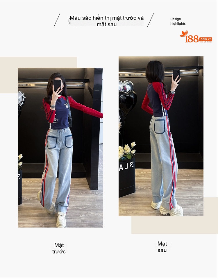 Set Bộ Áo Thun Tay Dài Cổ Tròn Quần Jean Ống Rộng Phong Cách Retro Màu Xanh, Đỏ chi tiết 5