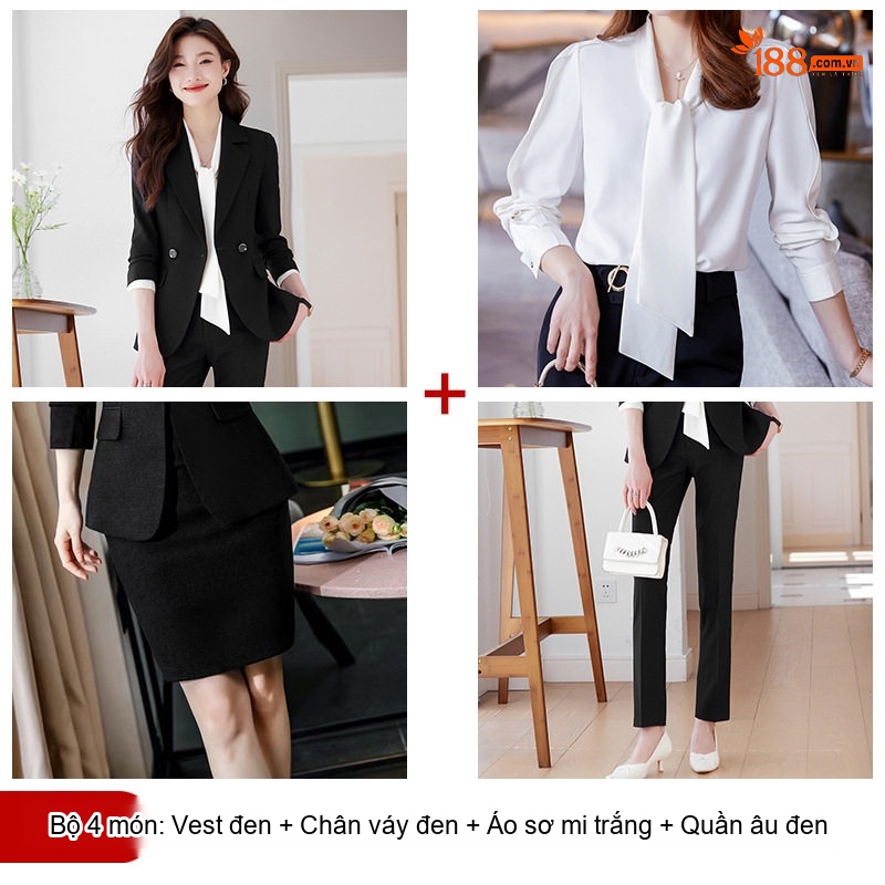 Bộ Vest Nữ Công Sở Quần Áo Dài Tay Phong Cách Hàn Quốc Màu Đen, Xanh Navy