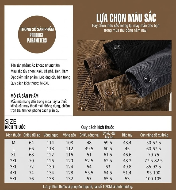 Áo Khoác Nam Cotton Lót Lông Cổ Bẻ Dáng Rộng Giữ Ấm Màu Xám, Nâu, Đen chi tiết 2