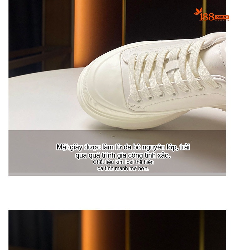 Giày Sneaker Nữ Da Bò Đế Bánh Mì Chiều Cao Đế 5.5cm Màu Đen, Trắng chi tiết 5